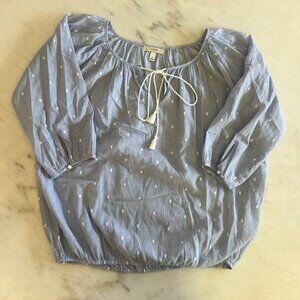 J. Crew Blue White Dotted Peasant Blouse Top Womens XS Tie Neck Elastic Hem